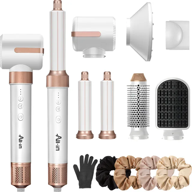All-in® Secadora Cabello Pelo 7 en 1 Difusor Profesional Cepillo Secador Plancha Rizadora Alaciadora 3 Velocidades del Viento y 3 Temperaturas Frio y Caliente con Iones Regalo color Blanco B-777WT