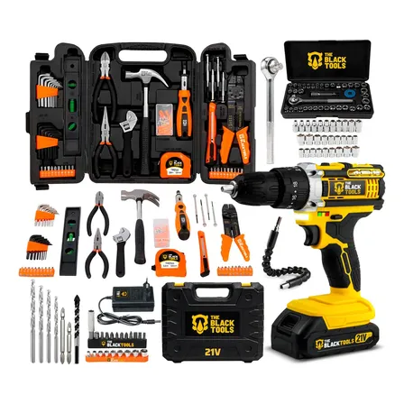 Furadeira Parafusadeira De Impacto 2 Baterias 21v 3/8 Com Kit Jogo De Ferramentas 169 Peças Com Maleta The Black Tools Preto