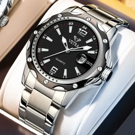 Vetra Relógio Masculino Relogio De Aço Quartzo Luminoso 6108 Prateado Preto