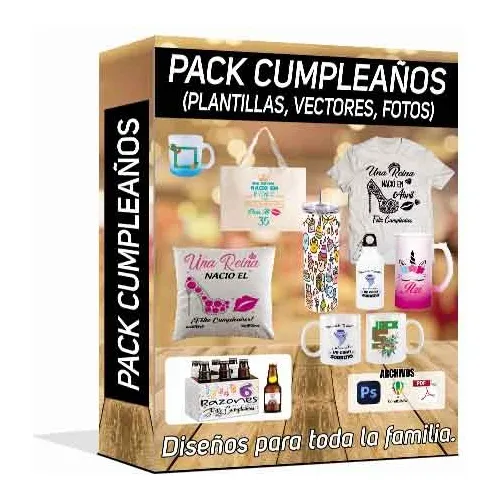 Pack Diseños Cumpleaños, Sublimados, Stickers, Toppers, Taza