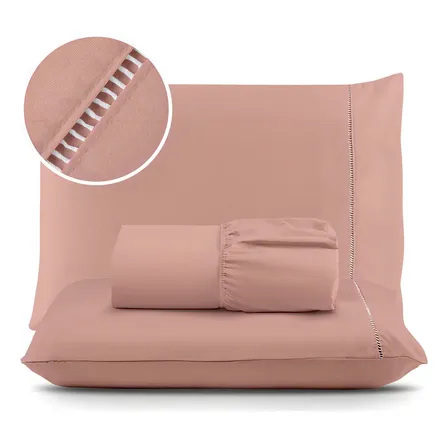 Jogo De Lençol Cama Casal Padrão 03 Peças 400 Fios Ponto Palito Extra Macio Cor Rose