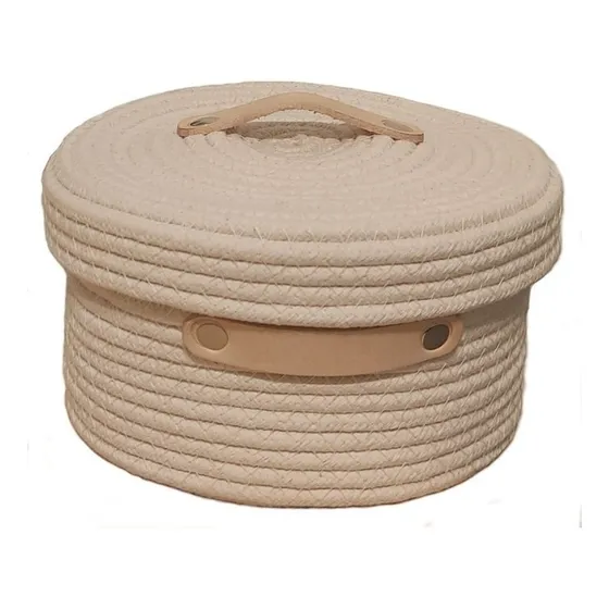 Cesta-canasta De Algodón Con Tapa Y Manija Cuero Pequeña