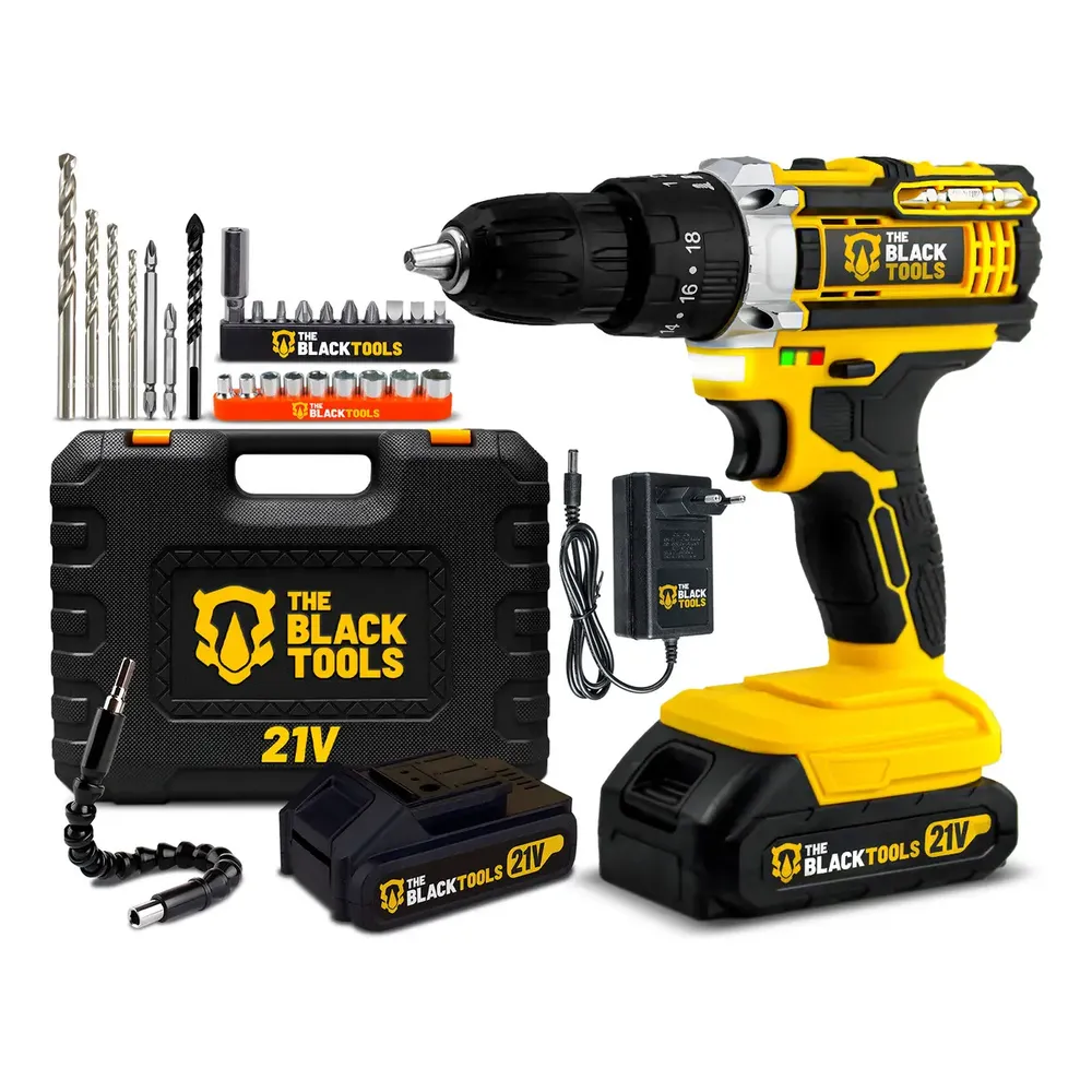 Furadeira Parafusadeira De Impacto 21v Com 2 Baterias Velocidade Ajustável 3/8 10mm Maleta E Acessorios Profissional The Black Tools