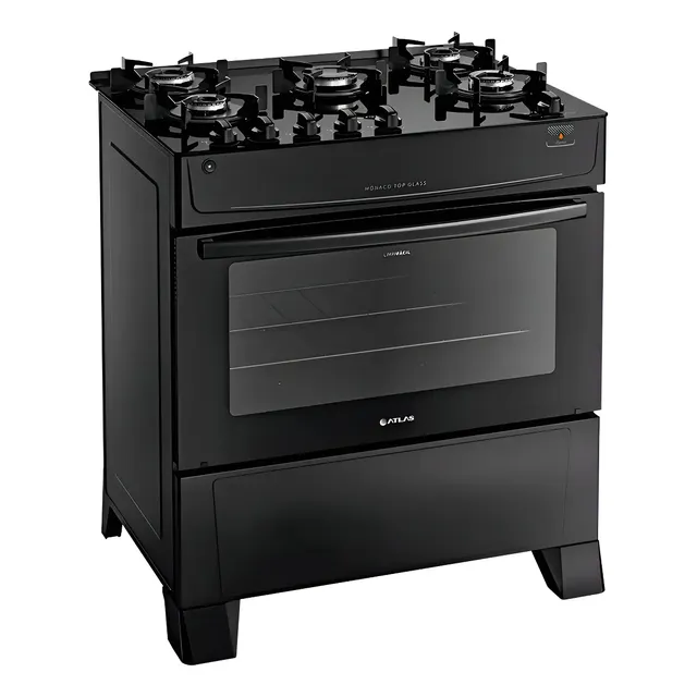 Fogão 5 Bocas Atlas Mônaco Top Glass Automático Mesa De Vidro Preto