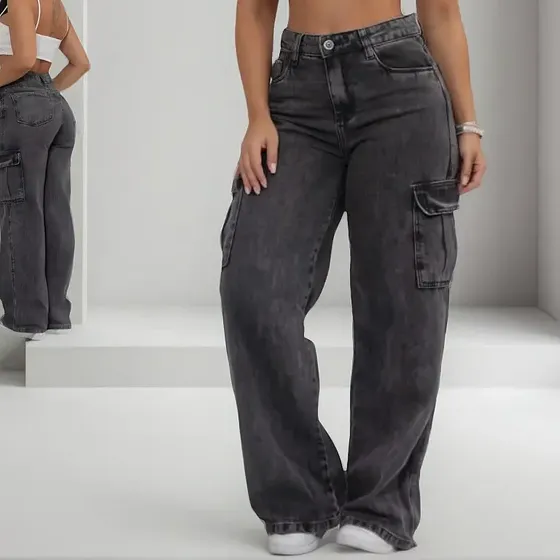 Calça Wide Cargo Jeans Feminina