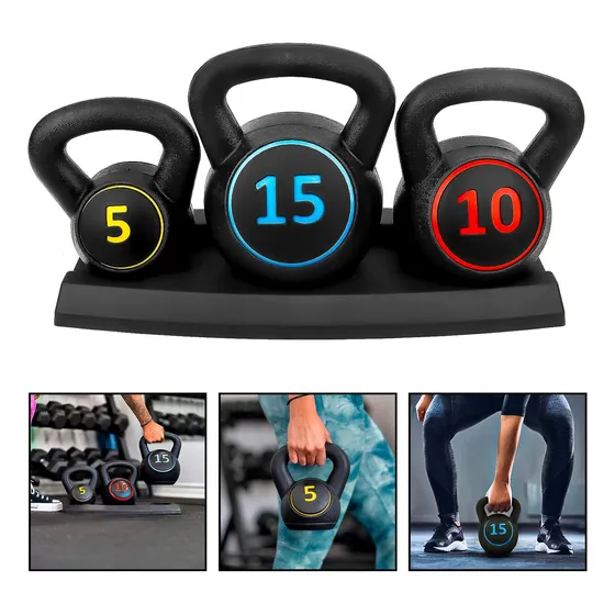 Pesas Rusas Kettlebel Set Juego 3 Pesas 2.5kg 4.5 7kg Marca Boomfit Para Ejercicio Entrenamiento profesional Modelo 457bf Revestimiento De Poliuretano Relleno De Cemento Y Arena Peso Completo 14.80kg