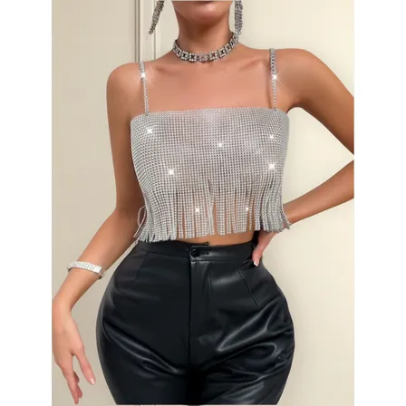 Top Sexy Brillante Sin Manga Con Tirantes Metálicos