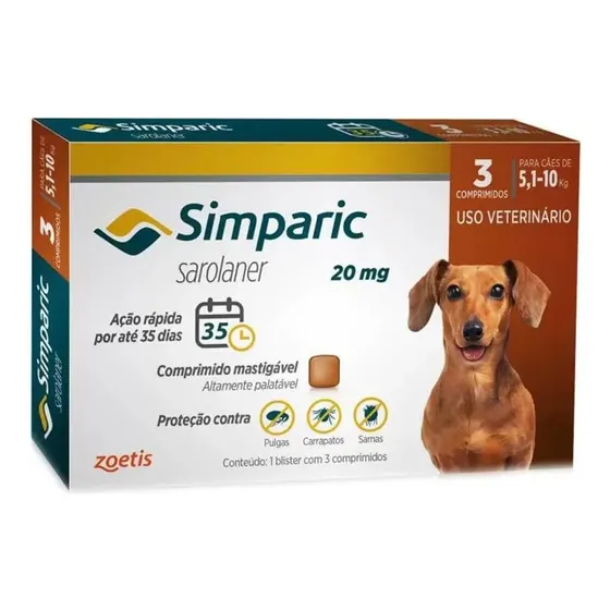 Antipulgas Simparic 20mg 5 A 10kg - 3 Comprimidos Cor Marrom