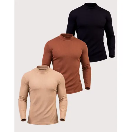 Kit 3 Cacharrel Suéter Canelada Masculina Inverno Premium Preto/marrom/bege Canelada G