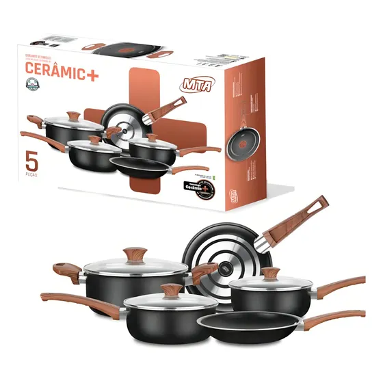 Conjunto De 5 Panelas Antiaderente Mta+ Ceramic Preta Cor Preto