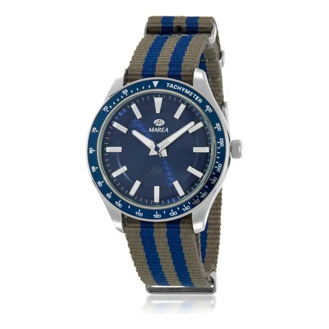 Reloj Solar Análogo Marea Watch B41367 Correa Azul Bisel Plateado Fondo Azul