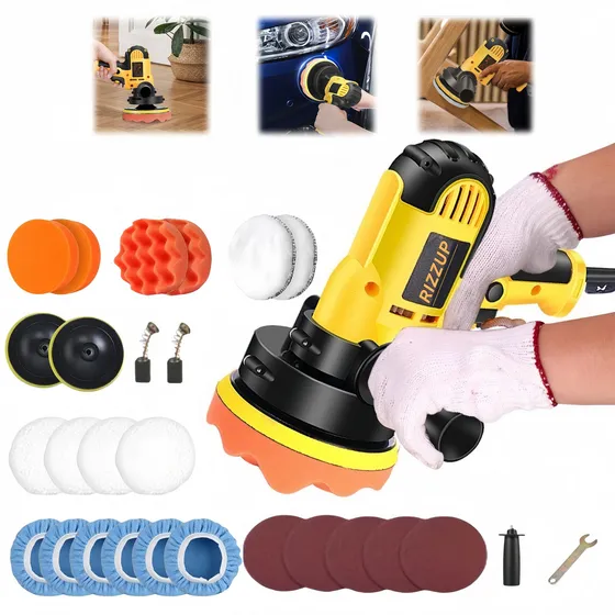 Rizzup Kit de Pulidora Lijadoras Máquina Eléctrica para Autos Velocidad Ajustable Accesorios 28pzs 700w 600-3700rpm 5 Pulg