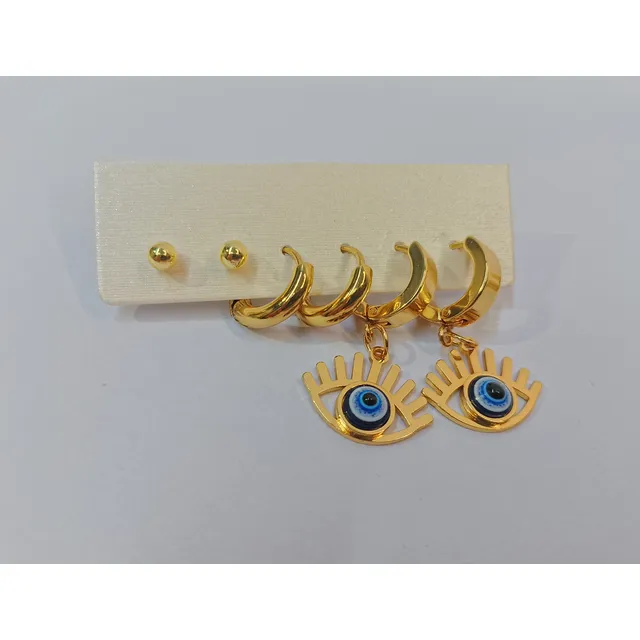 Kit Argollas Y Zarcillos Para Dama De Acero Con Ojo Turco