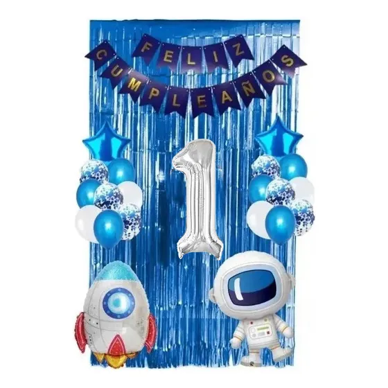 Kit Decoración Espacial Cohete Astronauta Azul Cortina 