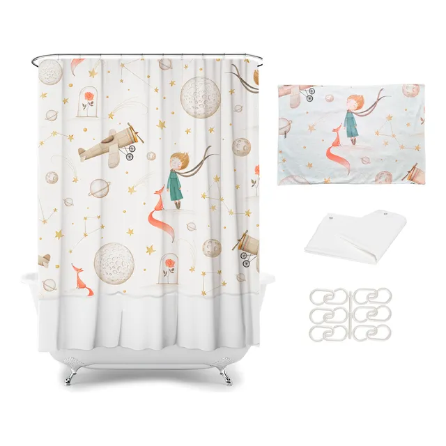 Set Completo Cortina De Baño + Alfombra+ Protector + Ganchos