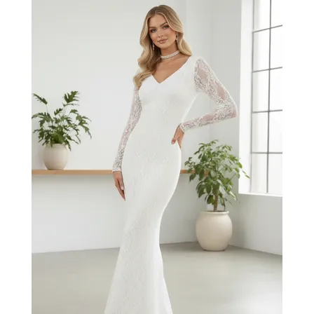 Vestido Racy Modas Noiva Longo Renda Decote V Elegante