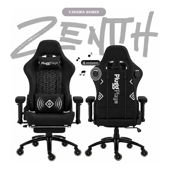 Cadeira Gamer c/ Massagem e Caixa De Som Bluetooth Massageador De Lombar Usb Reclinável Ergonômica Grande Altura Ajustável Apoio Para Pés Até 150kg Pro Pluggei Select Pluggplay Zenith T4M4 Cor Preto