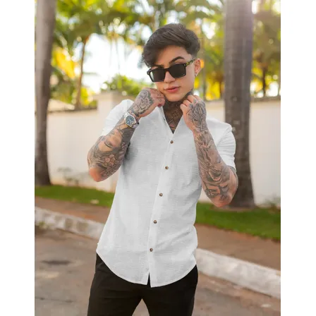Camisa Djulios Masculina Gola Padre Aparência De Linho Branco Lisa G