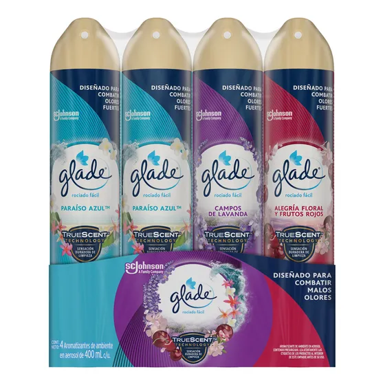 Aromatizante para Hogar en Aerosol Glade, Refresca y Elimina Olores de Forma Duradera, Aroma Paraíso Azul, Campos da Lavanda y Alegría Floral y Frutos Rojos, Paquete de 4 Unidades, 400ml cada uno