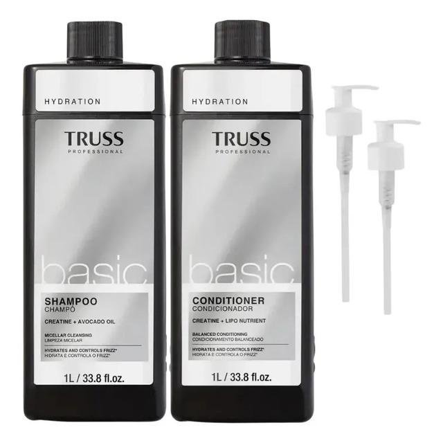 Kit Truss Basic contendo um frasco de shampoo de 1 litro, um frasco de condicionador de 1 litro e duas válvulas pump brancas separadas