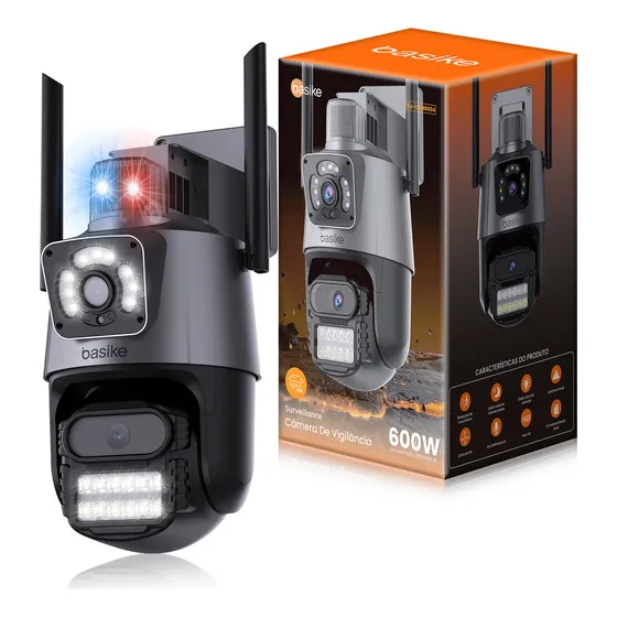 Câmera De Segurança Basike Full Hd 6mp Lente Dupla Visão Noturna Visão 6x Zoom Com Função De Alarme De Luz Vermelha E Azul Ip66 Ios Android App Icsee Cor Preto