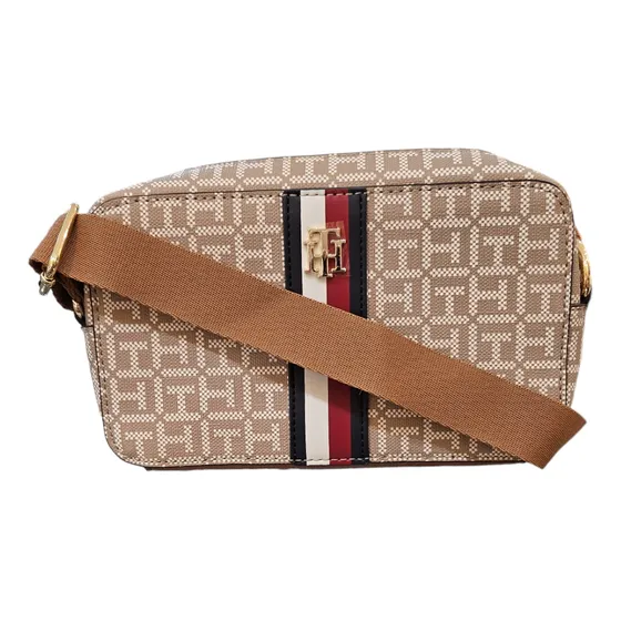 Bolsa Crossbody Monograma Bege Acambamento Dos Ferragens Ouro Correia De Ombro Marrom-claro