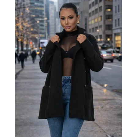 Sobretudo Lã Batida Casaco Inverno Com Botões E Bolso Grosso Preto M (38-40) Lisa