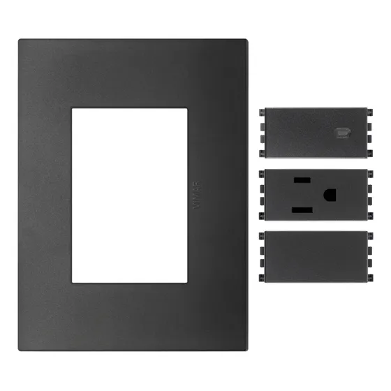 Placa Negra Con Conmutador, Toma Y Tapón Ciego Gris Vimar