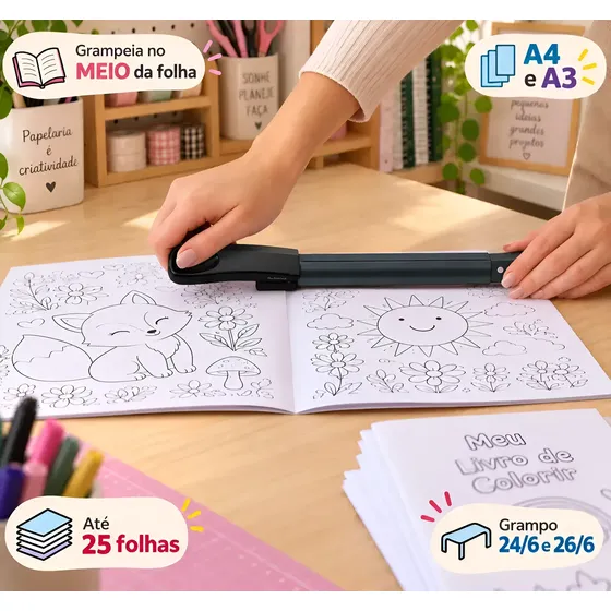 Grampeador Longo Alcance Profissional Livretos Caderno A4 A3