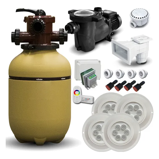 Filtro Bomba Skimmer + Kit 4 Luces 20w Rgb Pileta Hormigon
