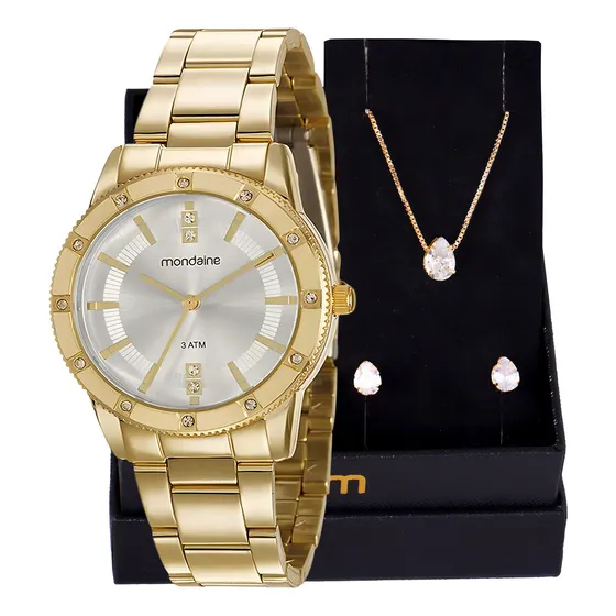 Relógio Mondaine Feminino Luxo Cristais Dourado. Correia Dourado Bisel Dourado Fundo Prateado