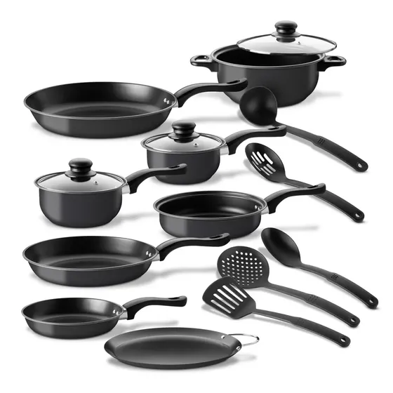 Juego De Ollas, Sartenes Y Comal De Acero De Carbono Con Utensilios De Cocina De Silicona Kingshouse, Ideales Para Saltear, Freír Y Guisar En Estufas De Gas, Inducción Y Eléctricas, Color Negro