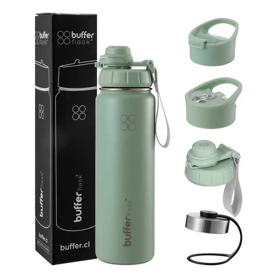 Termo Botella Agua Termica Buffer Acero Inoxidable +4 Tapas Sage Green