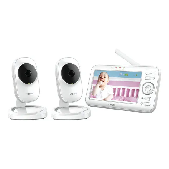 Vtech - Monitor De Vídeo Para Bebé De 5 Pulgadas De Alta Resolución Calmante Sonidos De Cuna Sensor De Temperatura De Visión Nocturna Y 2 Cámaras (vm5251-2)