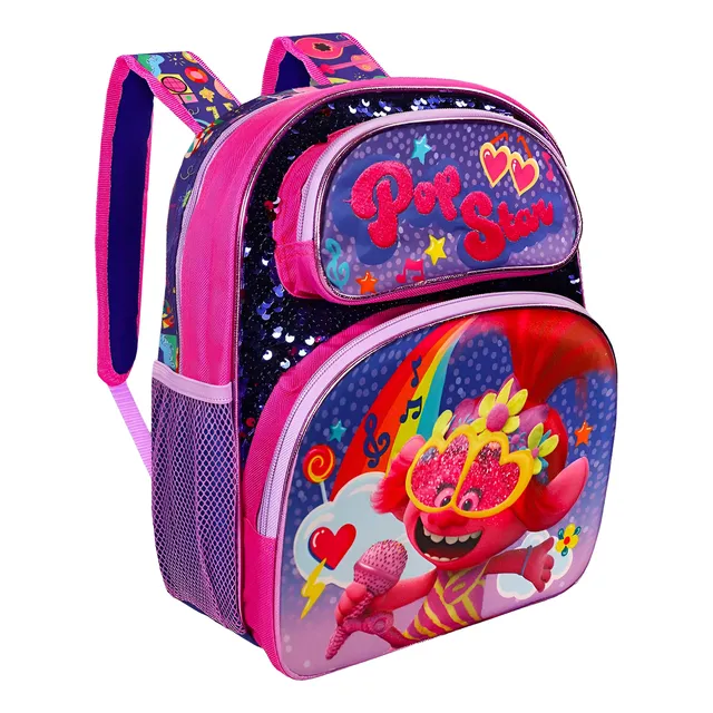 Mochila Trolls Poppy Para Niñas Escolar Primaria 3d Lila Lentejuelas