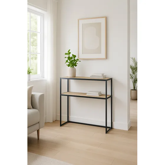 Mesa Recibidora 2 Niveles Jazak / Auxiliar Apoyo / Dressoire Moderno Estilo Industrial / Hierro Color Negro / Repisas / Mdf Color Roble Claro / Minimalista / Fácil De Armar / Mide 77x78x27cm