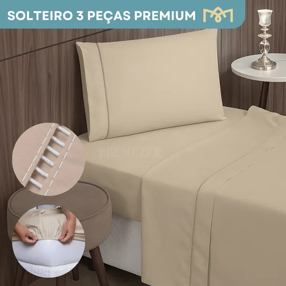 Jogo De Lençol Solteiro 3 Peças 400 Fios C/ Fronha Percal Ponto Palito Toque Macio E Suave Hotel Cor Caqui