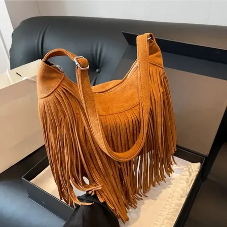 Bolsa Feminina De Couro Com Franja Estilo Boho Ombro
