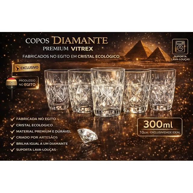 Jogo 6 Copos Diamond Egipcio 300ml Vidro Grosso Diamante Luxo Transparente Vitrex
