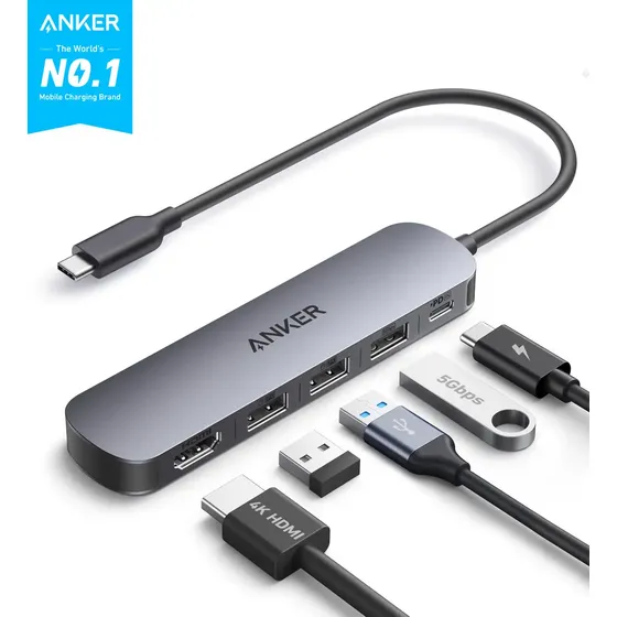 Hub USB C 5 portas em 1 Anker Dock Station Adaptador HDMI 4K, USB 3.0 5Gbps, Power Delivery 90W, Compatível com Thunderbolt para MacBook Pro/Air, Notebooks Windows