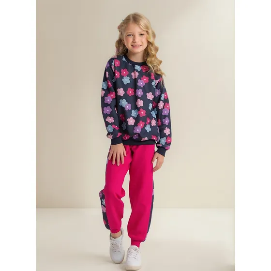 Conjunto Inverno Menina Blusão E Calça Em Moletom Floral