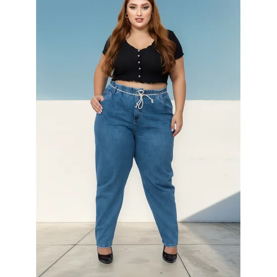Calça Feminina Jeans Plus Size Baggy Com Elástico E Cordão