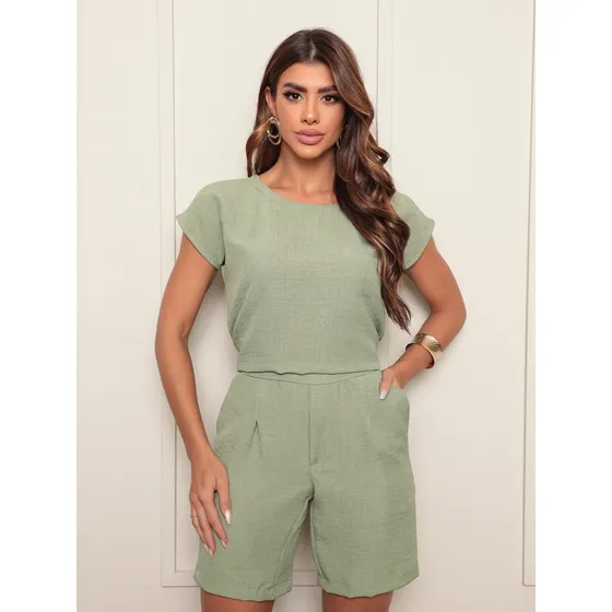 Conjunto Short Blusa Linho Cintura Alta C/ Elástico Feminino