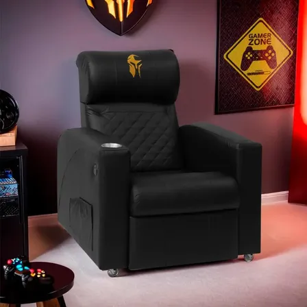 Poltrona Cadeira Gamer Sparta Reclinável Usb Rodinhas Corino Preto Corino