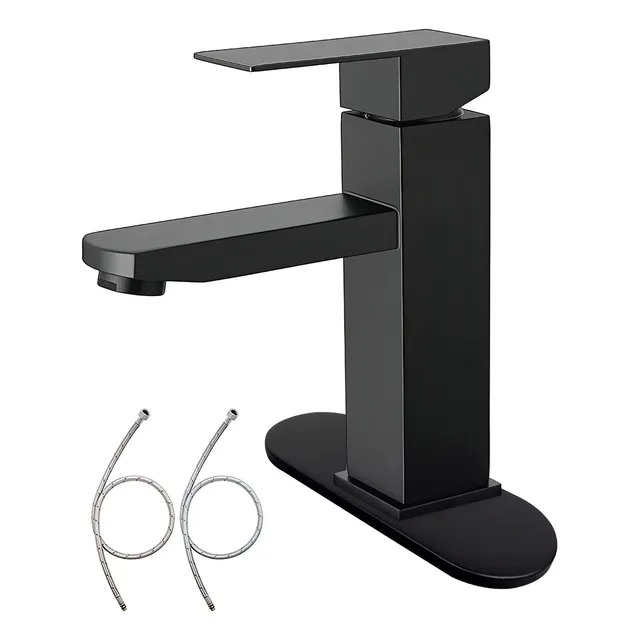 Banna Mezcladora Para Lavabo De Baño - Acero Inoxidable Grifo De Baño De Un Solo Mango, Para Baño Grifo Para Con Cubierta, Llave Mezcladora Para Lavabo Con 2 Mangueras. (negro Mate)