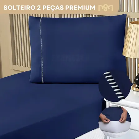 Lençol Solteiro Padrão Com Fronha Ponto Palito 400 Fios Macio C/ Elástico 2 Peças Azul Marinho Premium Liso