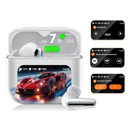 Fone De Ouvido Tela Touch Sem Fio Tws Bluetooth 5.4 Com Cancelamento De Ruído Inteligente E Microfone Todos Celular... Branco/prateado