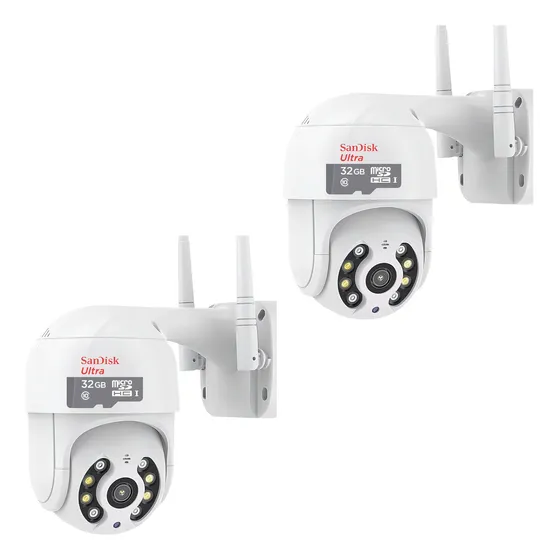 Kit 2 Cameras Segurança Ip Prova D'água Cartão Memória 32gb Cor Branco