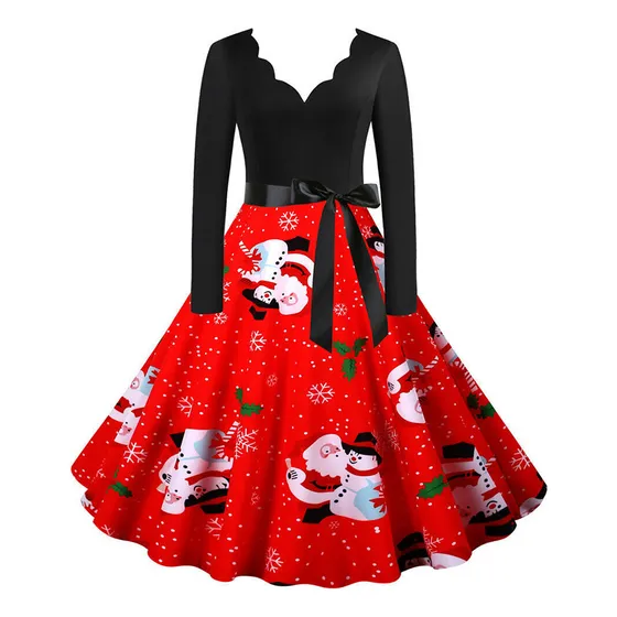 Cl1 Vestido De Navidad Con Cuello En V Y Estampado De Papá