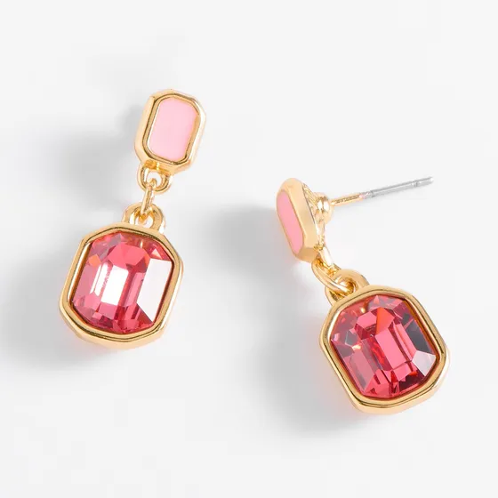 Aretes Piedra Fucsia Y Esmalte Rosa 4 Baños De Oro Nice